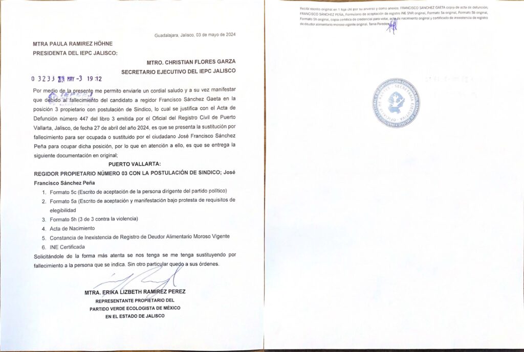 La carta peticion junto con los documentos que se requieren para su registro fue firmada por la representante propietario ante el IEPC del Partido Verde 01 On Bahia Magazine Destinos Elecciones 2024 Entrada