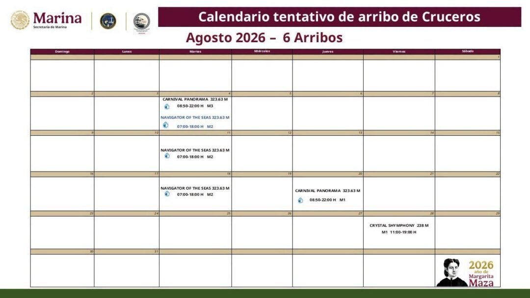 Puerto Vallarta recibirá seis cruceros internacionales en agosto y duplica los arribos del año pasado 1 Calendario tentativo de arribo de cruceros en Puerto Vallarta.